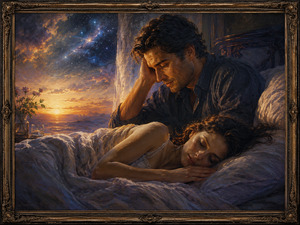 Kung Fu Hand Painting - At dawn, a man watches tenderly over his sleeping partner as golden sunlight and lingering stars meet beyond the bedroom window. She rests peacefully beneath soft linens while he remains awake beside her. The quiet scene expresses wonder, protection, and the desire to treasure every moment together.