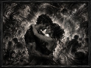 Kung Fu Hand Painting - A couple embraces closely in the center of a thunderous charcoal nightclub, their faces nearly touching beneath a fractured disco ball. Towering speakers, shadowy dancers, smoky spirals, and a ghostly womans face surround them. Dense black-to-silver gradients express romance, regret, attraction, and memories that will not let go.