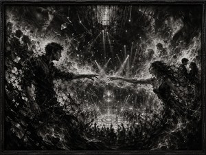 Kung Fu Hand Painting - Separated lovers reach toward one another across shattered reflections, charcoal smoke, and glowing musical energy. Below them, a crowded circular dance floor erupts under spotlights and a suspended disco ball. Their fingertips almost connect, symbolizing emotional distance, unfinished romance, and the painful recognition carried through the song.