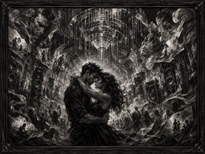 Kung Fu Hand Painting - An intimate couple holds each other beneath an enormous chandelier of light, wires, and musical vibrations. Speaker towers rise around the crowded club while broken charcoal fragments reveal faces, solitary figures, and moments from their past. The central embrace becomes a refuge within a chaotic world of regret, desire, and repeating memories.