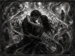 Kung Fu Hand Painting - Two lovers dance passionately while translucent charcoal ribbons circle their bodies like remembered emotions. Within the swirling forms appear scenes of closeness, separation, loneliness, and a woman walking away. A bright disco ball illuminates the restless crowd behind them, blending nightclub energy with romance, sorrow, longing, and emotional reflection.