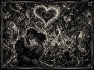 Kung Fu Hand Painting - A romantic couple embraces inside an immense gothic nightclub filled with arches, balconies, mirrors, dancers, chandeliers, and brilliant stage lights. Giant hearts formed from luminous charcoal smoke rise above the crowd, while reflected faces watch from ornate mirrors. The dramatic scene transforms painful memories into a dark fantasy celebration of enduring attraction.