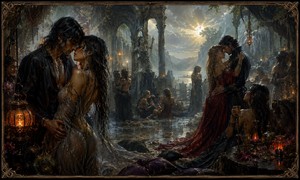 Kung Fu Hand Painting - Morning light breaks through ancient arches as rain-soaked partygoers linger among lanterns, cushions, and reflective pools. Passionate couples embrace beneath vines and crumbling stone while distant mountains glow beyond the ruins. Warm candlelight and cool mist create a richly painted dark-fantasy celebration of desire, music, and escape.