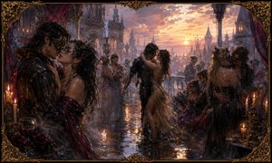Kung Fu Hand Painting - A lavish masked party continues into morning across a wet gothic terrace overlooking a city of towers and spires. Couples dance and embrace beneath candles, crimson drapery, and a brilliant golden sky. Shimmering gowns, dark formal clothing, wine, roses, and ornate architecture give the scene decadent romantic drama.