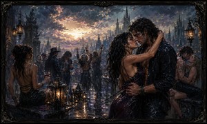 Kung Fu Hand Painting - High above a shadowed fantasy city, rain-drenched partygoers celebrate beneath storm clouds and glowing morning light. A passionate couple dominates the scene while dancers, musicians, and lovers gather among lanterns and wet stone. Gothic spires and fiery reflections capture the rebellious dream of living inside a rock-and-roll fantasy.