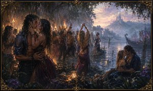 Kung Fu Hand Painting - Beside a mist-covered lake, an intense romantic celebration unfolds as morning approaches. Wet couples kiss and dance near fading fires while lanterns illuminate goblets, flowers, and dark foliage. A distant castle and decorated boat rise through the haze, transforming the wild gathering into a seductive fantasy of freedom and longing.