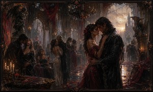 Kung Fu Hand Painting - Inside a magnificent ruined ballroom, dawn streams through broken arches onto a gathering of soaked dancers and embracing lovers. Red gowns, black coats, candles, chandeliers, statues, and scattered petals fill the hall with dramatic decadence. The intimate foreground couple embodies the songs fantasy of passion surviving after the party ends.
