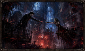Kung Fu Hand Painting - Two lovers reach across a ruined cathedral of gears, suspended above a blazing mechanical core. Cold blue light and furnace-red fire divide the vast factory, while chains, smoke, and broken platforms surround them. Their nearly touching hands capture desperate longing, danger, and the painful choice between rescue and self-preservation.