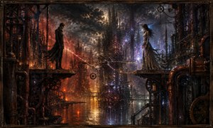 Kung Fu Hand Painting - Across a flooded industrial city, a man and woman stand on separate platforms connected only by glowing wires and drifting gears. Fiery orange light burns behind him while violet-blue energy surrounds her. Towering pipes, rusted machinery, and storm clouds transform their separation into a haunting symbol of love stretched beyond endurance.