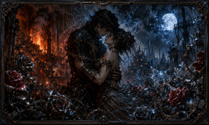 Kung Fu Hand Painting - Beneath a brilliant moon, an embracing couple is surrounded by metallic roses, shattered glass, chains, and burning factories. Warm furnace light clashes with icy blue night, creating a romantic world divided between passion and destruction. Their intimate pose suggests comfort, surrender, and devotion inside a mechanical garden built from pain.