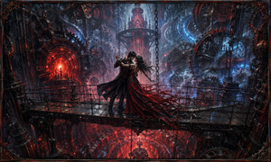 Kung Fu Hand Painting - A couple dances on a narrow bridge suspended inside a colossal engine chamber. Giant gears, glowing reactors, heavy chains, and swirling energy surround their fragile moment of passion. Her red dress streams through the machinery like living fire, while the abyss below suggests love continuing despite danger, collapse, and emotional ruin.
