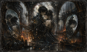 Kung Fu Hand Painting - Inside a shattered industrial palace, two lovers hold each other while their reflections fracture across enormous broken mirrors. Rain, fire, smoke, and twisted machinery blur their bodies into the surrounding ruins. The scene portrays romance as both shelter and destruction, capturing heartbreak, dependence, memory, and the struggle to remain whole.