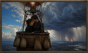 Kung Fu Hand Painting - Two lovers stand close inside a weathered hot-air balloon basket, surrounded by hanging sandbags and intricate rigging. A brilliant blue sky opens behind them while an immense storm releases heavy rain and distant lightning. Their quiet embrace contrasts with the approaching darkness, capturing tenderness, danger, and emotional uncertainty.