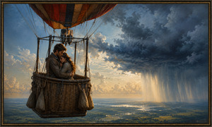 Kung Fu Hand Painting - High above a sunlit landscape, a couple shelters in each others arms inside a richly woven balloon basket. Warm clouds glow behind them as a towering wall of dark rain advances across the horizon. The balloons ropes, burners, fabric, and sandbags are rendered with striking realism and bittersweet romantic intensity.