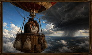 Kung Fu Hand Painting - A passionate couple shares an intimate moment beneath the balloons ropes and burner assembly. Bright blue skies and white clouds surround one side, while a massive black storm dominates the other. Sandbags sway from the detailed wicker basket as the lovers remain focused on each other above the distant rivers and countryside.