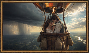 Kung Fu Hand Painting - Suspended between sunlight and shadow, two lovers lean together inside a grand hot-air balloon. Golden rays illuminate their faces while heavy rain falls beneath a dark cloud bank nearby. Multiple sandbags line the wicker basket, reinforcing the sense of realism, vulnerability, and fragile love moving through an uncertain sky.