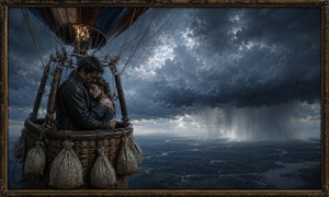Kung Fu Hand Painting - Rain surrounds a solemn couple embracing inside a dark, weather-beaten balloon basket. Heavy clouds roll across the entire horizon, broken only by a pale opening of light above. Wet clothing, detailed rigging, woven wicker, and hanging sandbags create a deeply realistic scene of devotion enduring against sorrow, isolation, and approaching danger.