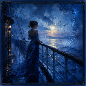 Kung Fu Hand Painting - A solitary woman leans against the rain-polished railing of a moonlit ship, wrapped in a flowing blue gown. Deep pencil shading defines the deck, rigging, and stormy clouds, while silver twilight reflections shimmer across the ocean. The ornate navy frame reinforces the paintings quiet atmosphere of longing and romantic sorrow.