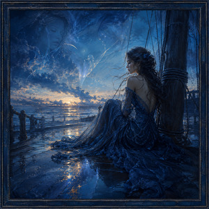 Kung Fu Hand Painting - Seated beside the ships mast, a woman gathers her elaborate blue dress as wind moves through her hair. A ghostly face appears within the turbulent sky, suggesting memory and heartbreak. Golden horizon light crosses the wet deck, contrasting with dense indigo shadows and creating a tender, dreamlike portrait of loneliness.