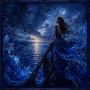 Kung Fu Hand Painting - Standing at the bow, the woman looks toward a glowing horizon beneath a pale moon. Her transparent blue gown seems to merge with curling waves and ribbons of light. An abstract tearful face floats among the clouds, turning the dramatic seascape into a symbolic reflection of yearning, distance, and emotional surrender.