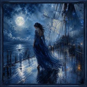Kung Fu Hand Painting - A barefoot woman walks slowly across the reflective deck beneath a brilliant full moon. Her trailing gown dissolves into textured blue shadows while lanterns cast small amber reflections across the wet boards. Tall rigging fades into mist, creating a deeply shaded fantasy scene filled with isolation, restrained romance, and quiet nocturnal beauty.