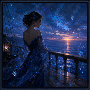Kung Fu Hand Painting - A contemplative woman stands beside the railing as the final sunset burns across the dark-blue sea. Crystal-like fragments drift through the air and appear woven into her translucent gown. Rich pencil shading, glowing reflections, and an elegant navy frame transform the ships deck into an abstract twilight dream of beauty and sadness.