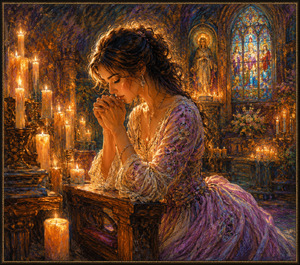 Kung Fu Hand Painting - A graceful woman bows in prayer beside a carved church bench, surrounded by glowing candles and jewel-colored stained glass. Her lavender dress catches the warm golden light while deep crayon shading creates rich texture. The reverent scene begins the journey with serenity, faith, and quiet emotional warmth.