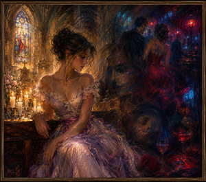Kung Fu Hand Painting - Candlelit devotion begins dissolving into temptation as the woman sits thoughtfully between sacred warmth and distant nightlife. Shadowy figures, red reflections, and blue haze emerge through the church interior. Feathered crayon textures create a murky transition, suggesting innocence drifting toward an alluring but emotionally uncertain world.