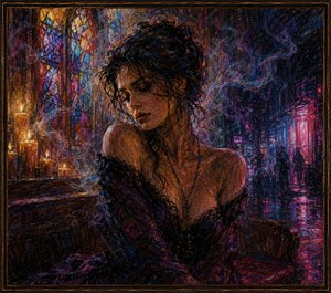 Kung Fu Hand Painting - Sacred architecture and neon nightlife merge around the woman as her pale dress darkens into purple-black fabric. Stained glass, candles, smoky shadows, and wet city reflections overlap in expressive crayon strokes. Her downcast pose reveals conflict, while the surrounding colors grow increasingly seductive, mysterious, and emotionally dangerous.