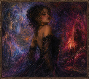 Kung Fu Hand Painting - The woman fully enters a luxurious gothic dream, dressed in dark lace among crimson drapes, purple haze, candles, and ornate furnishings. Only faint traces of the church remain behind her. Her confident backward glance marks the transformation from prayerful restraint into dangerous attraction, passion, and hypnotic emotional surrender.