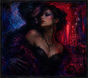 Kung Fu Hand Painting - A glamorous woman rests within deep red, blue, and black shadows while a mysterious figure approaches from behind. Roses, glowing glassware, smoky bubbles, and neon reflections create a decadent atmosphere inspired by Its No Good. The final crayon scene feels irresistible, possessive, romantic, and beautifully toxic.