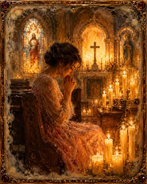 Kung Fu Hand Painting - A woman in a delicate rose-colored dress prays quietly upon a wooden church bench. Dozens of candles surround her with golden warmth, illuminating stained glass, sacred statues, and the altar. Textured wax, bubbled edges, and an ornate jeweled frame create a deeply peaceful, devotional beginning.