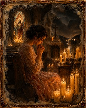 Kung Fu Hand Painting - Candlelight and prayer remain central as darkness begins entering the church. Beyond the altar, distant road lights shimmer beneath gathering storm clouds. The woman stays seated with clasped hands while smoky wax textures blur the boundaries, suggesting an approaching journey and the first uncertain movement away from sanctuary.