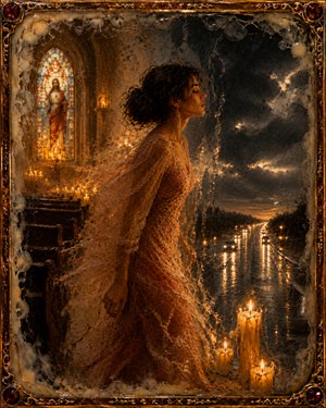 Kung Fu Hand Painting - The woman rises between two worlds as the church dissolves into a rain-covered highway. Candles become reflected headlights, stained glass fades into storm clouds, and her flowing dress trails through the transition. Sacred warmth and nighttime freedom merge within murky, luminous wax layers and a richly ornamented frame.
