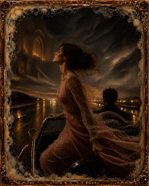 Kung Fu Hand Painting - The journey now dominates. The woman leans into rushing wind aboard a moving vehicle, accompanied by a shadowed figure. Wet roads and distant lights stretch beneath turbulent skies, while faint cathedral arches linger like memories. Dark wax textures, golden reflections, and streaming fabric convey trust, danger, and exhilaration.