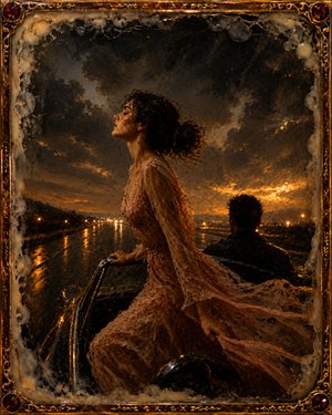 Kung Fu Hand Painting - Fully released from the church, the woman rides beneath a vast storm-darkened sky, her face lifted peacefully into the wind. A silent companion guides them along a glowing wet road. Her flowing dress, golden horizon, bubbled wax surface, and jeweled frame express surrender, loyalty, freedom, and emotional escape.