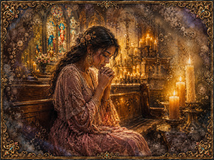 Kung Fu Hand Painting - A woman in a delicate rose dress prays quietly on a wooden church bench, surrounded by glowing candles and stained glass. Deep sand-and-salt textures enrich every surface, while feathered shadows and floating bubbles soften the chapel. The ornate golden frame holds a scene of warmth, faith, and private reflection.