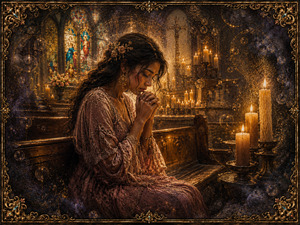 Kung Fu Hand Painting - Candlelight grows darker as faint golden circles gather behind the praying woman. The church remains visible, but murky violet haze and suspended bubbles begin reshaping the sacred atmosphere. Sand-and-salt grains shimmer across her dress and the wooden bench, suggesting an unseen emotional force slowly entering her peaceful devotion.