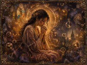 Kung Fu Hand Painting - Prayer and dream merge at the center of the transition. A radiant halo expands behind the woman while candles, stained glass, and distant cathedral towers dissolve into luminous symbols and drifting smoke. Golden bubbles, circular markings, and granular textures surround her, balancing sacred comfort with longing, mystery, and approaching darkness.