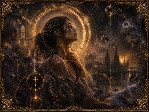 Kung Fu Hand Painting - The church fades into a nocturnal fantasy of glowing rings, shadowed towers, and murky celestial vapor. The woman lifts her face toward the brilliant halo, one hand resting near her heart. Golden sand-and-salt particles flow through her hair and clothing, transforming quiet prayer into desire, surrender, and spiritual awakening.