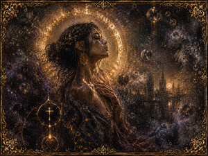Kung Fu Hand Painting - Fully transformed, the woman stands within a dark symbolic world inspired by Halo. A blazing golden circle crowns her against distant gothic spires, floating orbs, and deep violet clouds. Feathered darkness and granular light create a sensual, mysterious vision of devotion, temptation, vulnerability, and radiant emotional release.