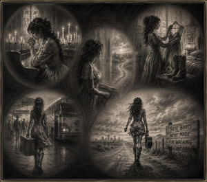Kung Fu Hand Painting - A prayerful woman sits among glowing church candles as smoky charcoal shadows carry her toward an open road. Her pretty dress gradually gives way to western boots, luggage, and determined movement, creating a dramatic time-lapse of faith, departure, and independence beneath a dark, polished frame.