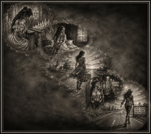 Kung Fu Hand Painting - Five feathered scenes flow diagonally through murky charcoal haze, beginning with quiet prayer inside a candlelit chapel. The woman leaves familiar surroundings, travels a lonely country road, enters a lively honky-tonk world, and finally walks toward the horizon with confidence, strength, and unmistakable western spirit.