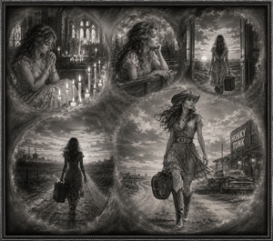 Kung Fu Hand Painting - Deep charcoal shading transforms a solemn church moment into a cinematic journey of self-discovery. Soft circular scenes show the woman praying, reflecting, leaving with luggage, crossing rural roads, and arriving near a honky-tonk in cowboy boots. Murky transitions unite the sequence inside an elegant decorative frame.