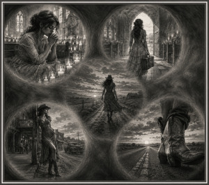 Kung Fu Hand Painting - A richly shaded charcoal time-lapse follows a woman from candlelit devotion to determined independence. Feathered scenes reveal her leaving the church, walking through open country, approaching a rustic honky-tonk, and continuing down an endless road in embroidered boots. The dark frame strengthens the nostalgic western drama.