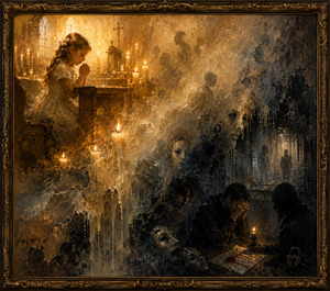 Kung Fu Hand Painting - Golden candlelight surrounds a praying young girl as innocence dissolves into a murky world of shadowed figures, dripping wax, masks, sealed papers, and silent confession. The textured transition reflects hidden truths surfacing painfully, while the ornate bronze frame strengthens the solemn, gothic atmosphere.