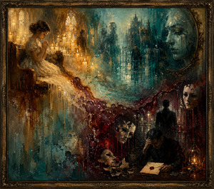 Kung Fu Hand Painting - A young girl prays quietly among glowing church candles while melted amber wax flows toward a cold teal city of reflections and secrets. Broken masks, a sealed letter, and a grieving man symbolize concealed emotions and the consequences of honesty, creating a dramatic journey from purity to revelation.