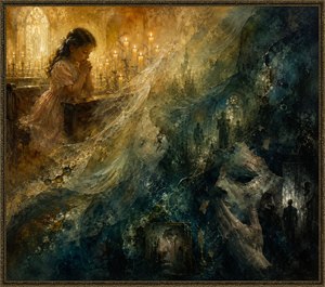 Kung Fu Hand Painting - Warm spiritual light surrounds the praying girl before translucent wax veils sweep across the composition. Shadowy architecture, ghostly faces, and a large fractured mask emerge within deep blue-green darkness. The scene suggests truth struggling through deception, transforming peaceful faith into a haunting confrontation with identity and consequence.
