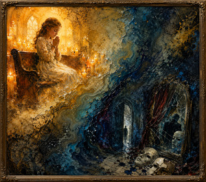 Kung Fu Hand Painting - A candlelit child prays peacefully as luminous wax currents spiral toward a fractured mirror, scattered letters, abandoned masks, and a distant doorway. Golden innocence collides with deep blue secrecy, creating a powerful contrast between comfort and emotional exposure. The ornate frame completes its dramatic, timeworn appearance.