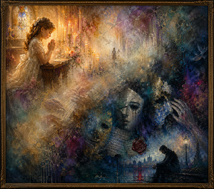 Kung Fu Hand Painting - Soft candlelight illuminates a young girl praying while misty wax textures carry the scene through floating letters, fractured masks, shadowed hands, and distant figures. Jewel-toned blues, purples, and golds express concealed truth, regret, and emotional release, ending with a solitary man reflecting beside dark water.